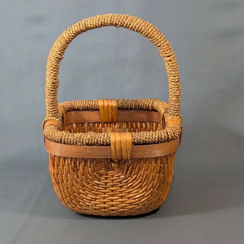 Vintage Woven Wicker Basket with Twisted Handle Square Decorative Storage